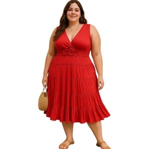Red Tiered Ruffle Hem Midi Dress Sangria XL Floral Waist Stretch Romantic Boho